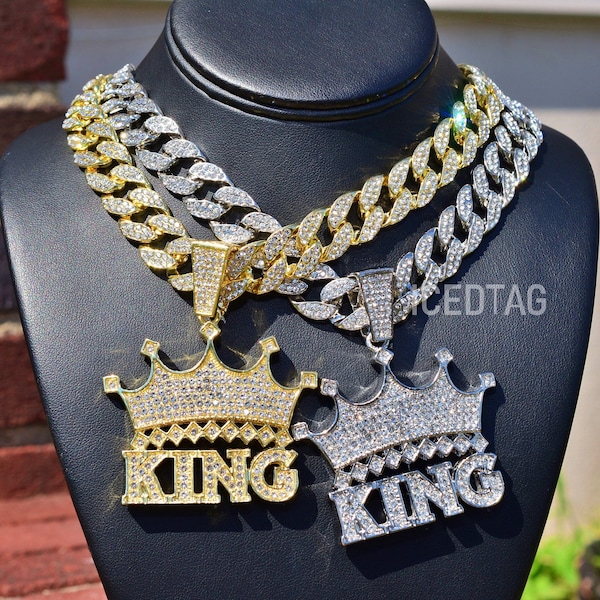 Full Iced Out Hip Hop Style Jumbo Crowned King Luxury Pendant Luxury Stylish Miami Cuban Necklace Fancy Fashion Chain Set
