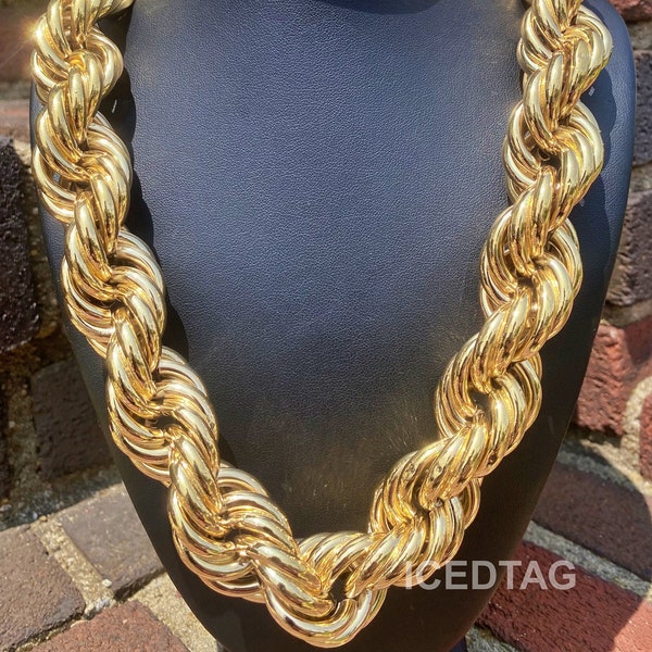 14K Gold Plated Huge Thick Chunky Hollow DOOKIE ROPE Retro 80s-90s Brass Necklace Chain