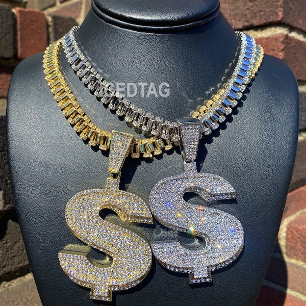 Full Iced Out Hip Hop Jumbo Big Cash Dollar Sign Money Drip Bling Diamond Pendant, Luxury Stylish Rollie Oyster Necklace Jewelry Chain Set