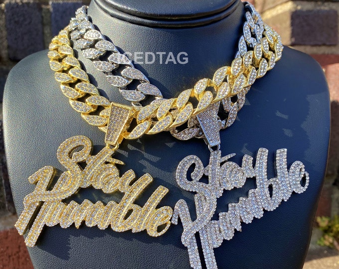 Full Ice Bling Out Hip Hop Style Jumbo Stay Humble Pendant Luxury Stylish Miami Cuban Necklace Fashion Diamond Chain Set