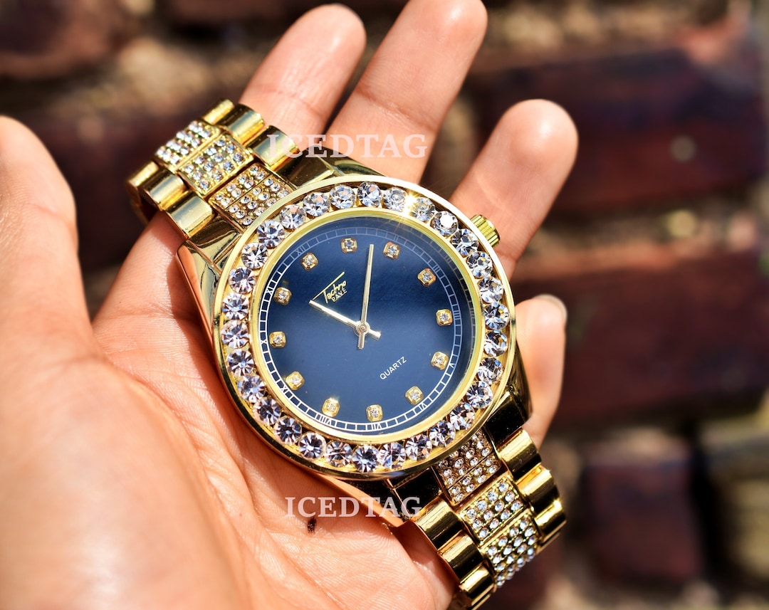 Men's Iced Out Black Dial Gold PT Hip Hop Round Shaped - Etsy