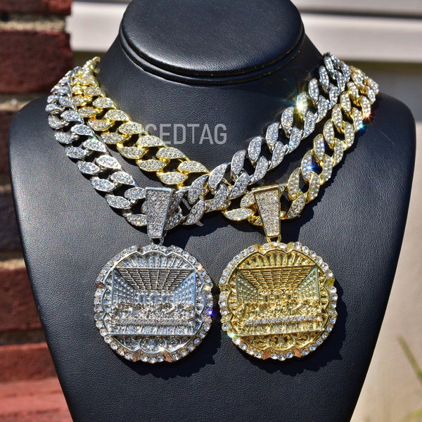 Full Iced Out Hip Hop Style Large Last Supper Pendant Luxury Stylish Miami Cuban Necklace Chain Set