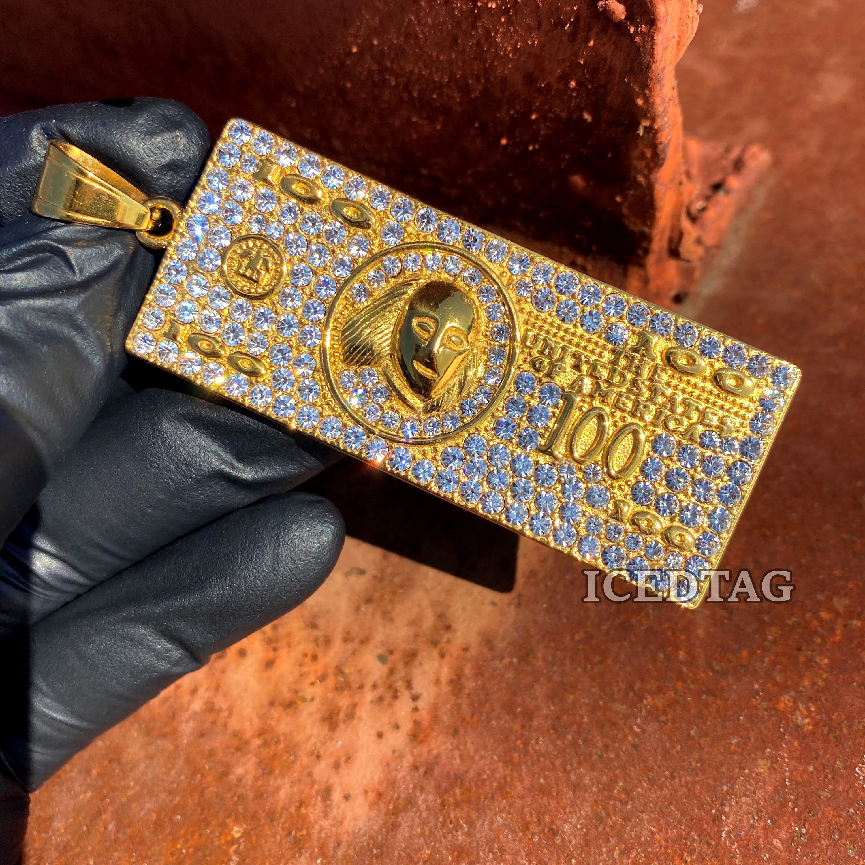 14K Gold/ White Gold Plated Iced Out Hundred Dollar Bill Lab Etsy UK