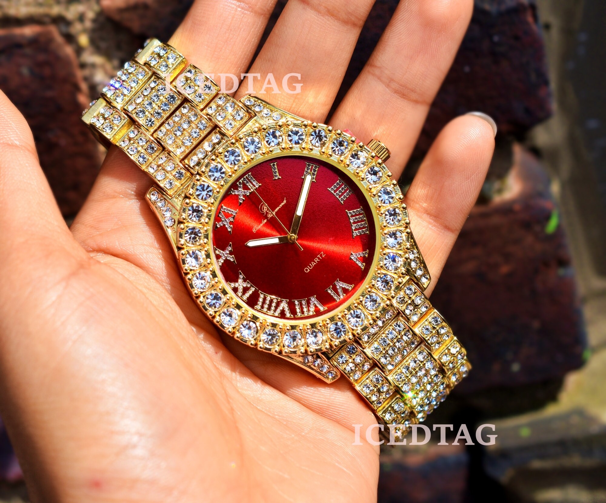 Mannen Iced Out Red Dial Hip Hop ronde luxe stijlvolle quartz | Etsy België