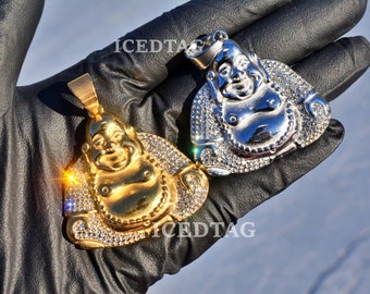 Gold & Weißvergoldeter Edelstahl Glücksbringer Buddha Labrador Diamant Anhänger Charm