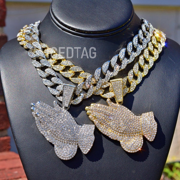 Full Iced Diamond Out Hip Hop Jumbo Religious Large Praying Hand Pendant & Luxury Miami Cuban Gold Plated Necklace Chain Set, Perfect Gift