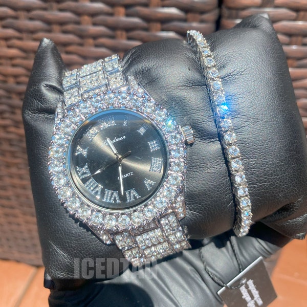 Unisex Iced Out Black Dial Hip Hop Luxury Stylish Quartz Movement Style Full Ice Busted Men Watch & Bling Flooded Tennis Bracelet Gift Set