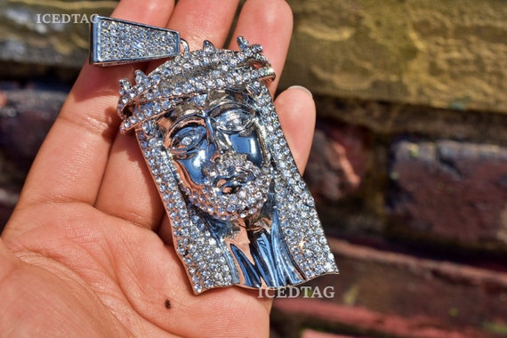 Iced Bling-ed Out Hip Hop Jumbo Size Jesus Head Pendant Piece, 30 Cuban Link Necklace Chain Jewelry Mens Set