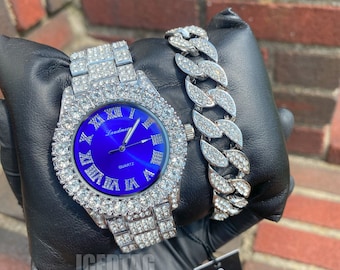 Męski lodowy niebieski cyferblat Hip Hop Luksusowy, pełny lód złamany diamentowy zegarek laboratoryjny i Bling Zalana bransoletka Miami Cuban Link, idealny prezent dla niego