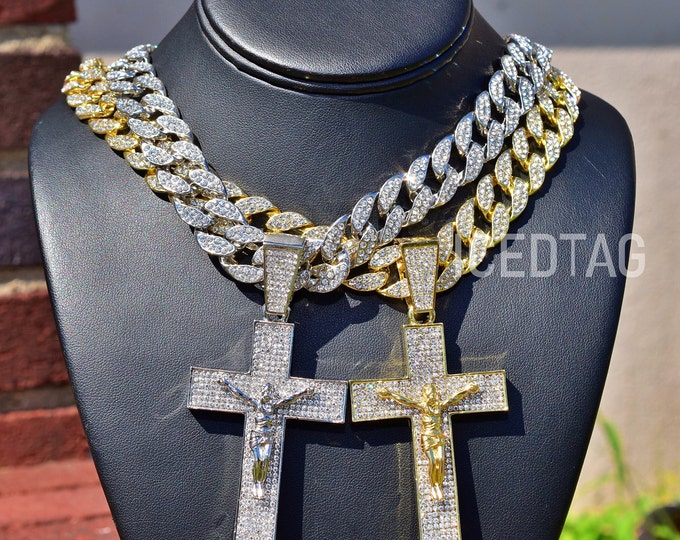 Pendentif en forme de grande croix religieuse de célébrité hip-hop avec diamants de laboratoire entièrement glacé, collier cubain de luxe Miami, ensemble de chaîne de mode, cadeau parfait