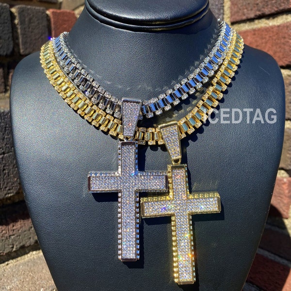 Full Iced Bling Out Zirconia Gold Plated Diamond Hip Hop Celeb Big Religious Cross Pendant, Luxury Necklace Oyster Chain Set, Gift Him
