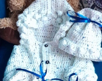 Premature/newborn/ tiny baby/preemie 4-5lb bobble jacket mittens and hat set. Also available in larger sizes.Made to order in any colour.