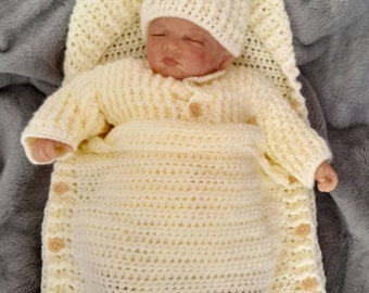 Baby/ newborn snuggle sack,sleep sack with hat and cardigan. Hand made to order in any colour and available to order as separate items.