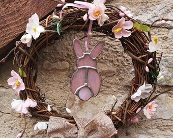 Handmade Iridescent Stained Glass Easter Bunny - Pink Rearview Mirror Charm