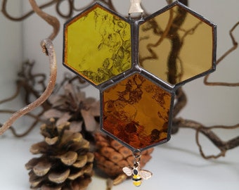 Mini stained glass honeycomb and bee