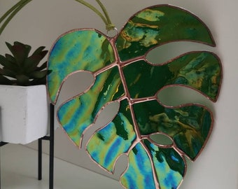 Stunning green iridescent stained glass Monstera Leaf suncatcher