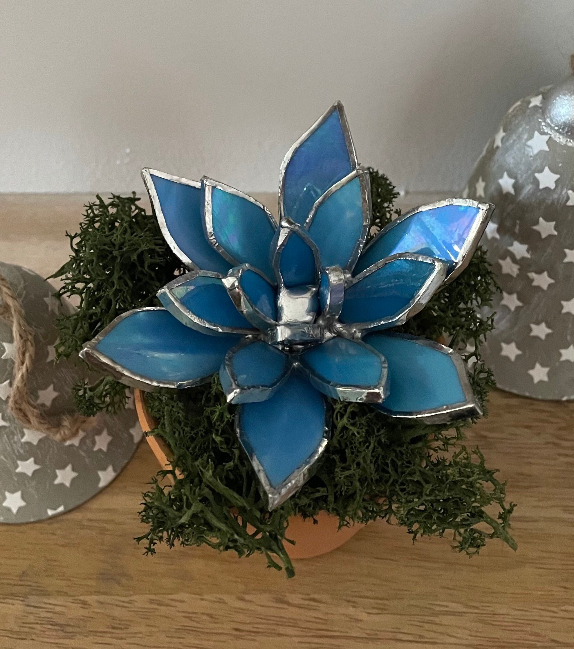 ステンドグラス ガラス サボテン indigo glass インディゴグラス ステンドグラス 多肉植物サボテン 虹色の青いガラス製 鉢付きまたは鉢