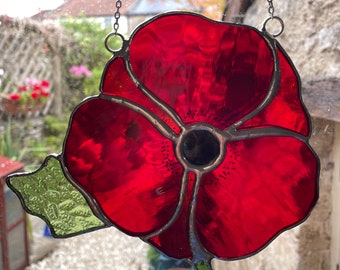 Glorious Red Stained Glass Poppy Suncatcher