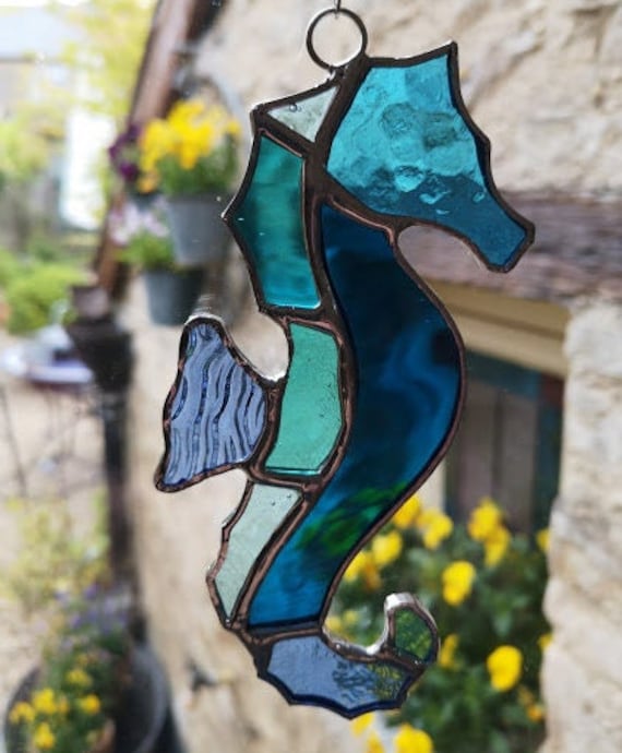 Gorgeous Sea Blue Stained Glass Seahorse 