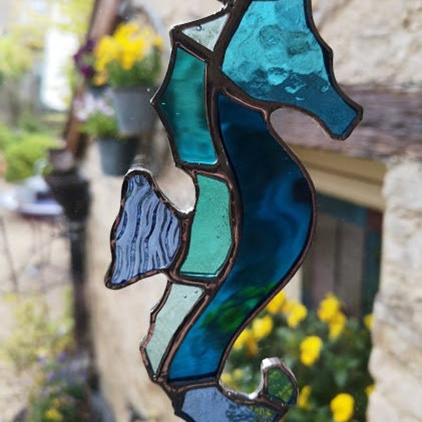 Gorgeous Sea Blue stained glass seahorse