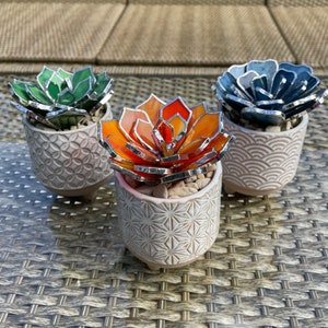 Glass Succulent Cacti in flame orange, steel blue or spring green with beach pebbles in stone glazed Japandi style pot
