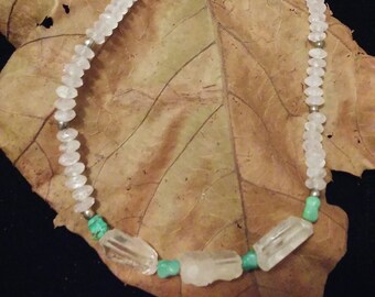 Quartz crystal, turquoise and silver beaded necklace