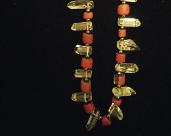 Rock quartz crystal and hematite hanging necklace