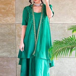 Handmade Green Silk Anarkali Gown with Embroidered Koti: Indian Wedding Guest Dress