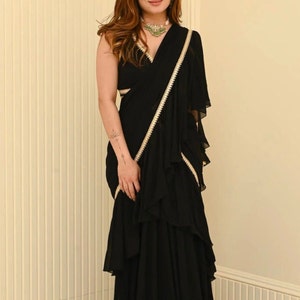 Designer Black Ruffle Saree for Women with blouse Ready To Wear frill saree fancy saree indian saree with Zari border 1 minute saree