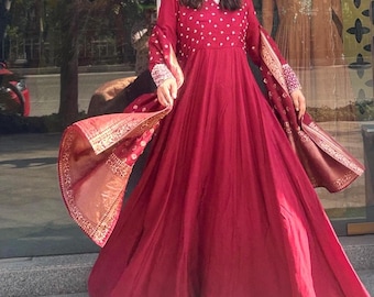 Maroon Silk Anarkali Suit with Banarasi Dupatta: Hand Embroidered Indian Outfits