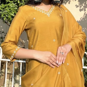 Yellow Pakistani Salwar Kameez: Hand Embroidered Silk Kurti, Haldi Outfit