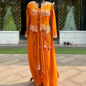 Hand Embroidered Indowestern outfits for women with Dhoti skirt gown/ Long gown with jacket