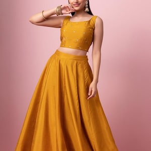 Yellow Silk Lengha Choli Ready to Wear: Sleeveless Mirror Blouse, Indian Wedding Outfit