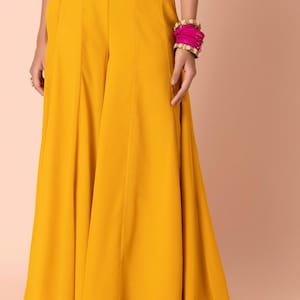 Yellow Georgette Palazzo Pants: Wide Leg Boho Trousers, Ethnic Festive Wear