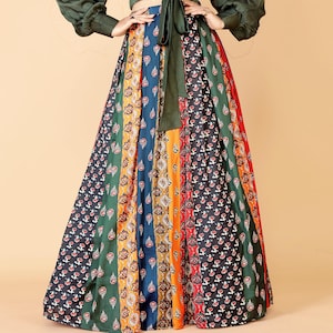 Handmade Printed Satin Lengha Skirt: Multicolored Indian Skirt