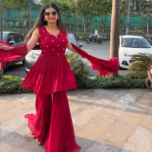 Red Sharara suit for women