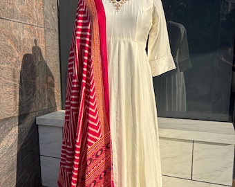 White Silk Anarkali Suit: Leheriya Dupatta, Hand-Embroidered Indian Outfit