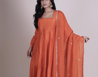 Orange Anarkali Suit with Dupatta - Hand Embroidered Salwar Kameez women