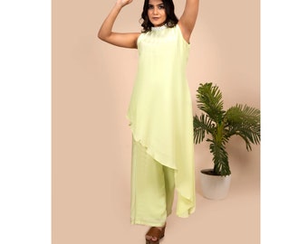 Ensemble palazzo kurta vert brodé à la main pour mehendi, pantalon palazzo, ensemble d'ensemble pour femme, tenue mehendi pour demoiselle d'honneur