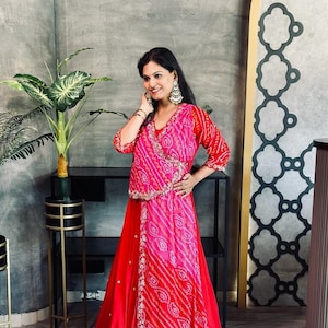 Bridal Red Anarkali Gown with bandhej and Elegant Zardosi Embroidery Work, Modern Indowestern Outfits For Women