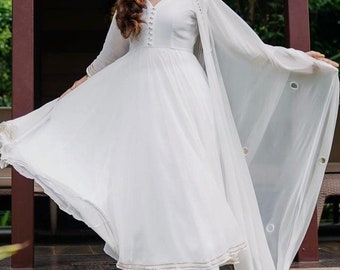 White Georgette Anarkali Suit: Plus Size Wedding Guest Outfit