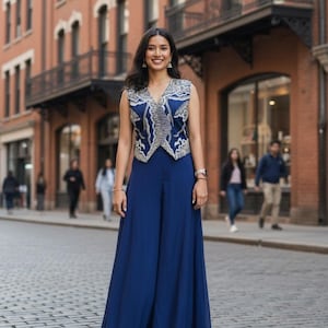 May include: A woman in a blue sleeveless top with silver embroidery and wide-leg trousers. The outfit is a deep blue. She is standing on a cobbled street in front of a brick building. The outfit is a formal style.