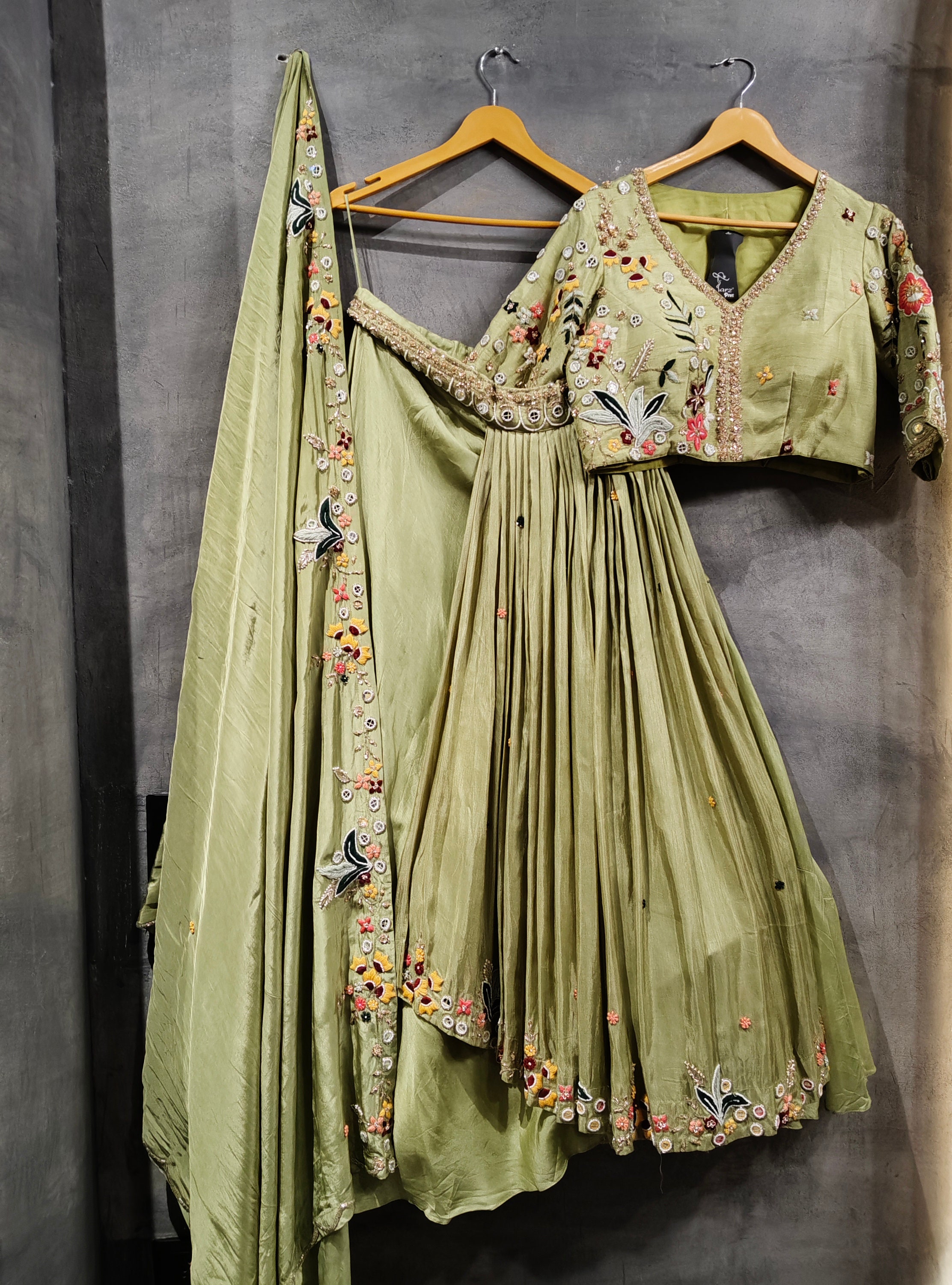 Natural Crepe Silk With Beads And Thread With Sequence Work With Four Side Lace Border Top & Lehenga