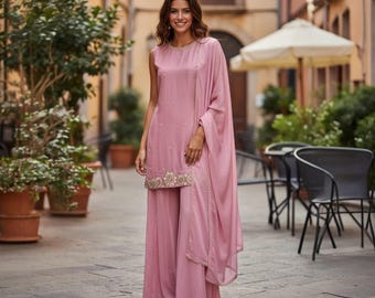 Pink Silk Palazzo Suit: Salwar Kameez with Dupatta
