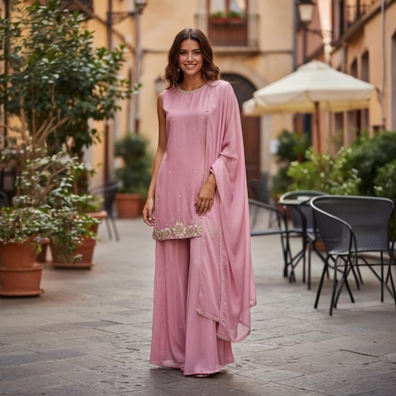 Pink Silk Palazzo Suit: Salwar Kameez with Dupatta