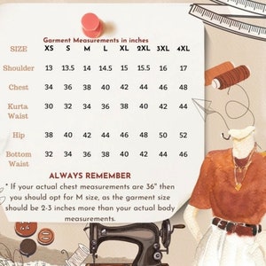 May include: A garment size chart in inches for sizes XS through 4XL, detailing shoulder, chest, kurta waist, hip, and bottom waist measurements. The chart includes a note advising a 2-3 inch allowance over actual body measurements for proper fit.