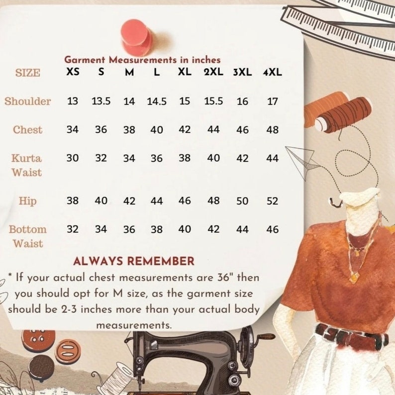 May include: A garment size chart in inches for sizes XS through 4XL, detailing shoulder, chest, kurta waist, hip, and bottom waist measurements. The chart includes a note advising a 2-3 inch allowance over actual body measurements for proper fit.