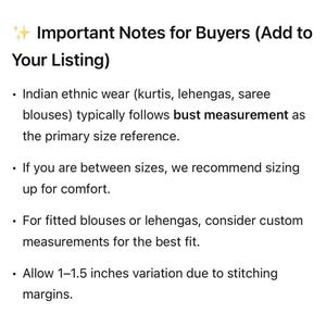Important notes on measurements and sizing, recommends custom sizing for comfortable fit of the white anarkali suit