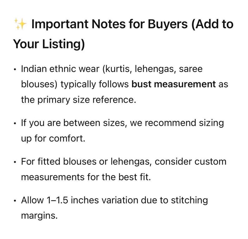 Important notes on measurements and sizing, recommends custom sizing for comfortable fit of the white anarkali suit