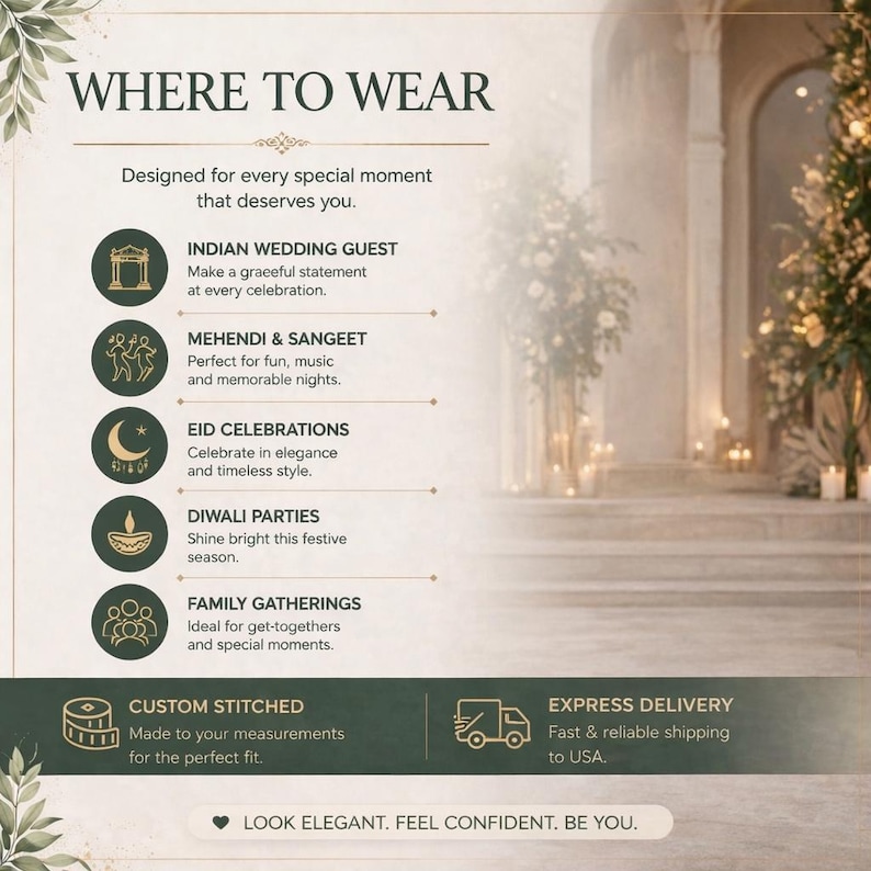 May include: An advertisement with the text "WHERE TO WEAR" and event suggestions like Indian weddings, Diwali parties, and family gatherings. The text also includes "LOOK ELEGANT. FEEL CONFIDENT. BE YOU."